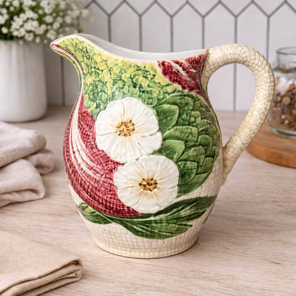 Vintage Italian Hobnail‎ Pitcher 7.5" Floral Hand Painted Ceramic Vase Jug